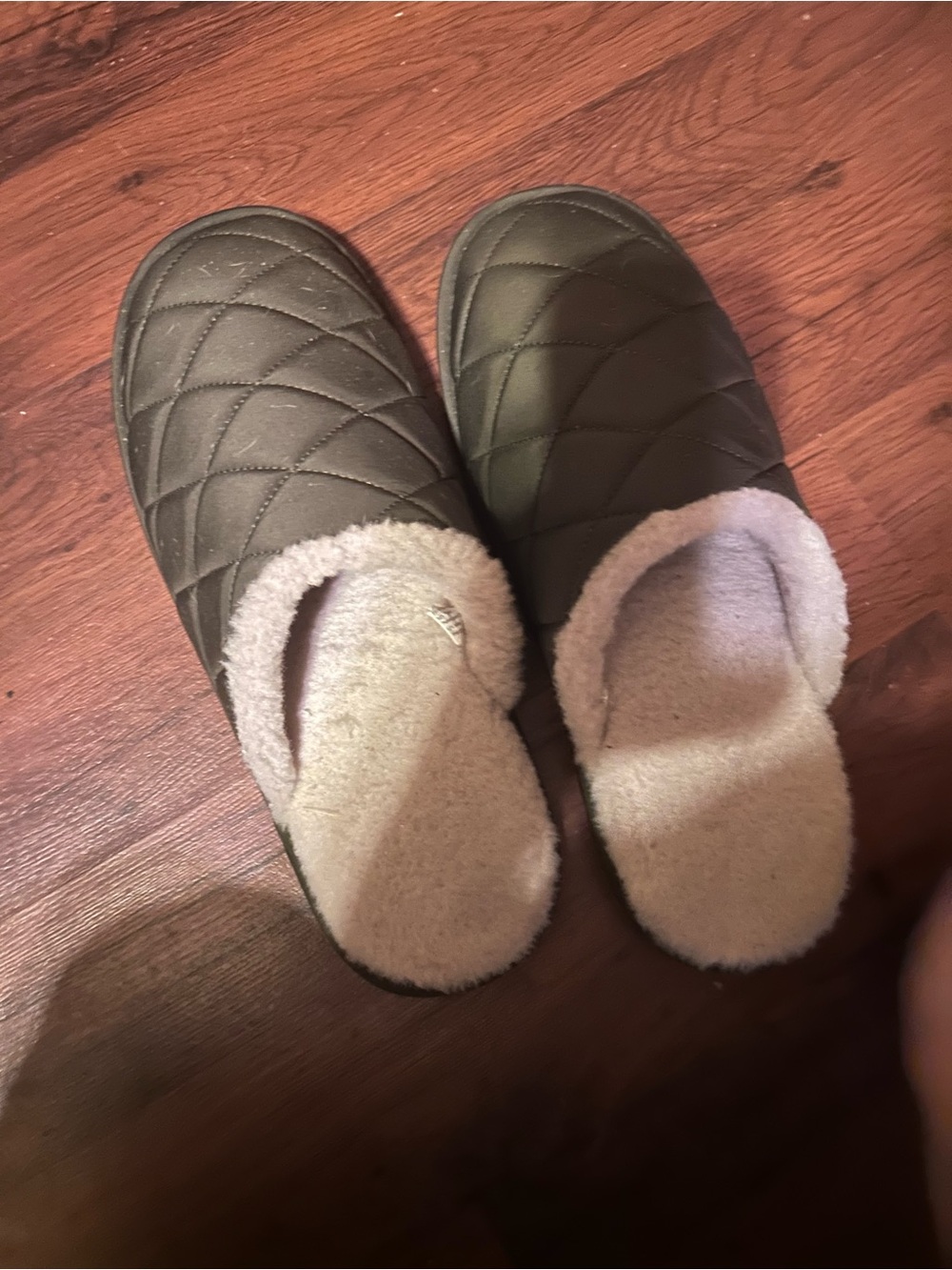 Quilted Faux-Fur Lined Slip-On Slippers - Olive Green